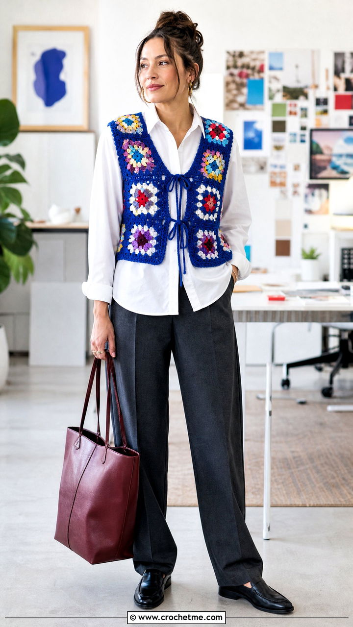Granny Square Tie Crochet Vest With White Shirt And Trousers - 35 crochet tie vest outfit ideas