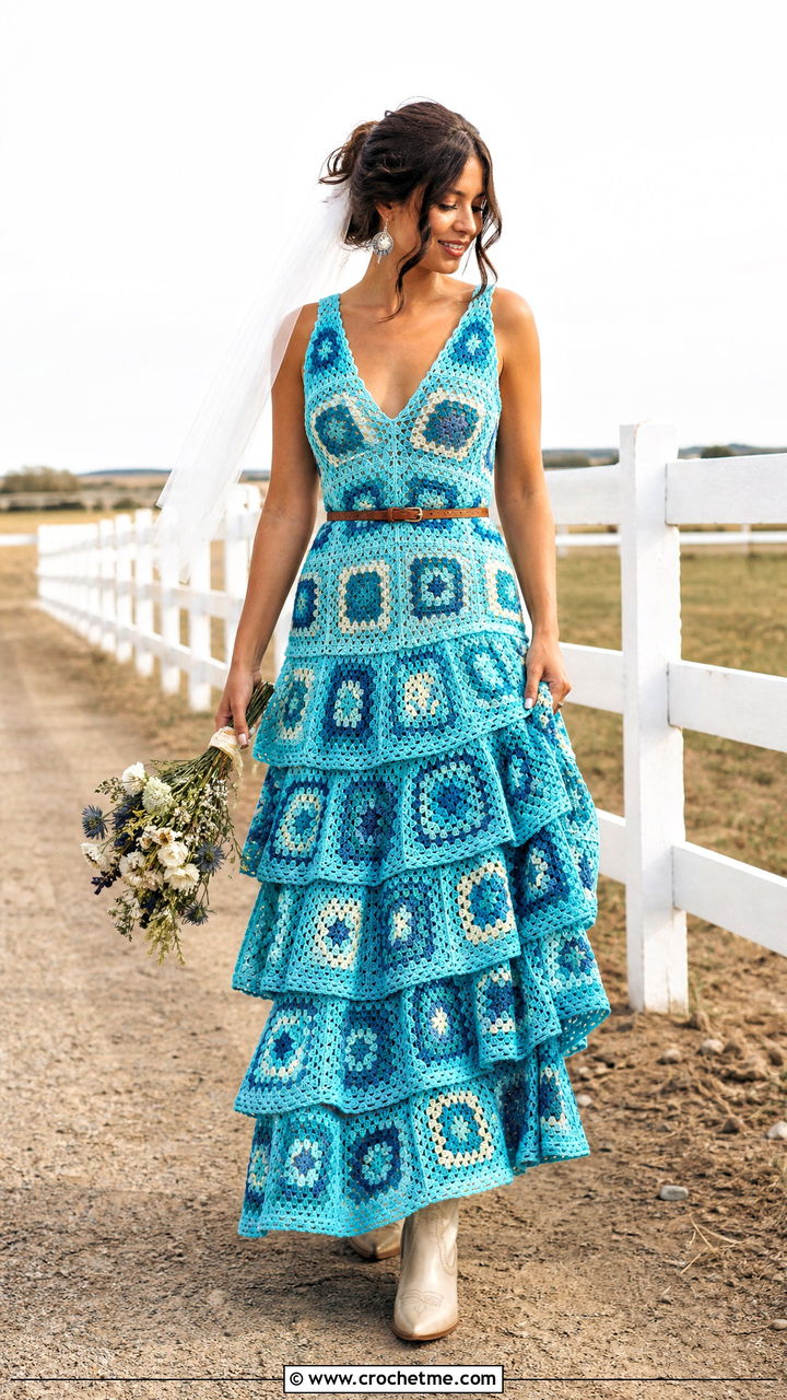 Granny Square Tiered Dress With Western Boots - 35 crochet wedding dress outfit ideas