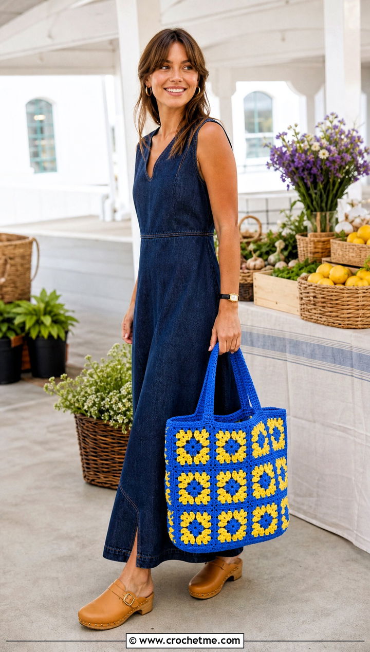 Granny Square Tote Bag With Denim Maxi Dress - 35 granny square clothing and outfit ideas