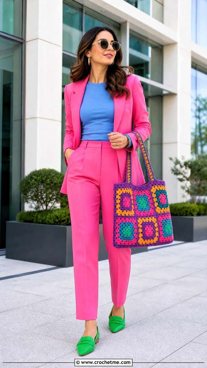 Granny Square Tote With Tailored Pantsuit - 35 crochet clothing and accessories ideas