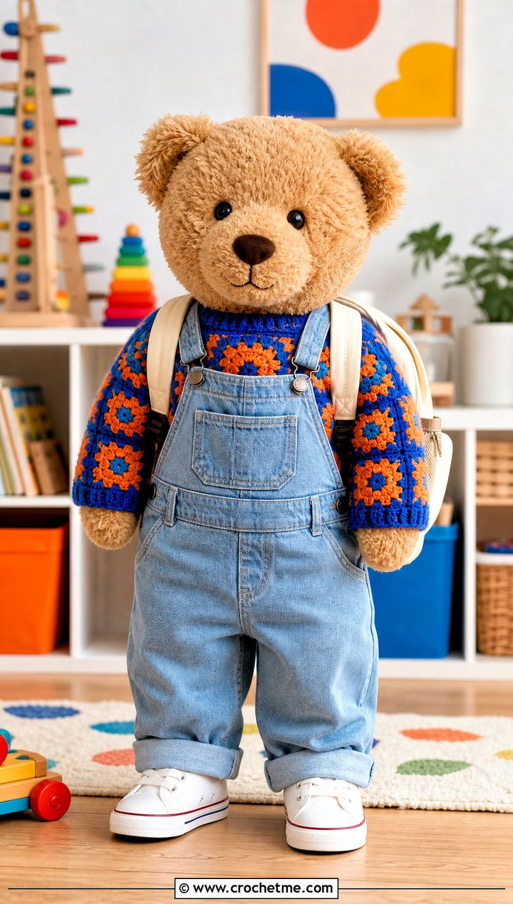 Granny Square Toy Sweater With Denim Overalls - 25 Crochet Sweater For Toy outfit ideas