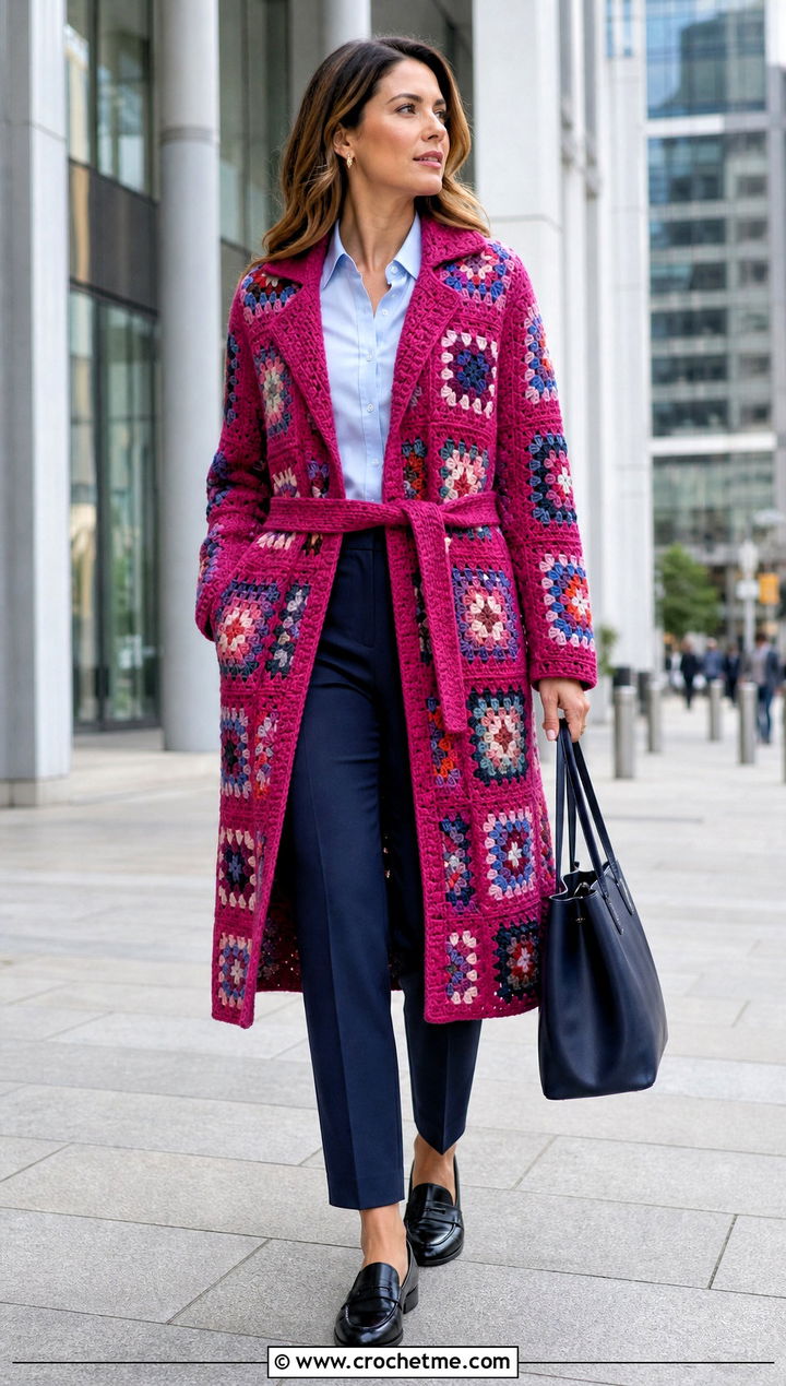 Granny Square Trench Coat With Button Down Shirt - 30 granny square coat outfit ideas
