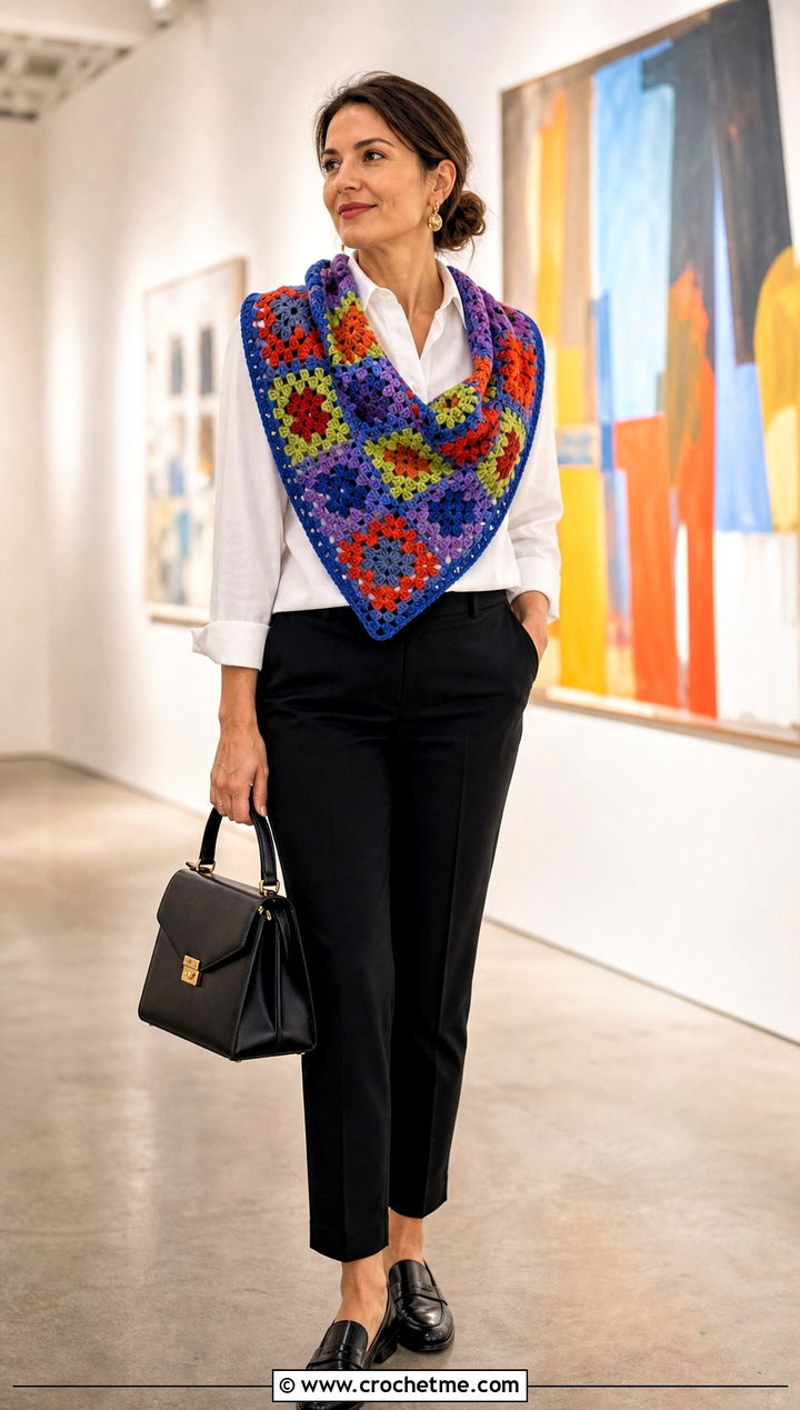 Granny Square Triangle Cowl With White Shirt - 30 crochet triangle cowl outfit ideas