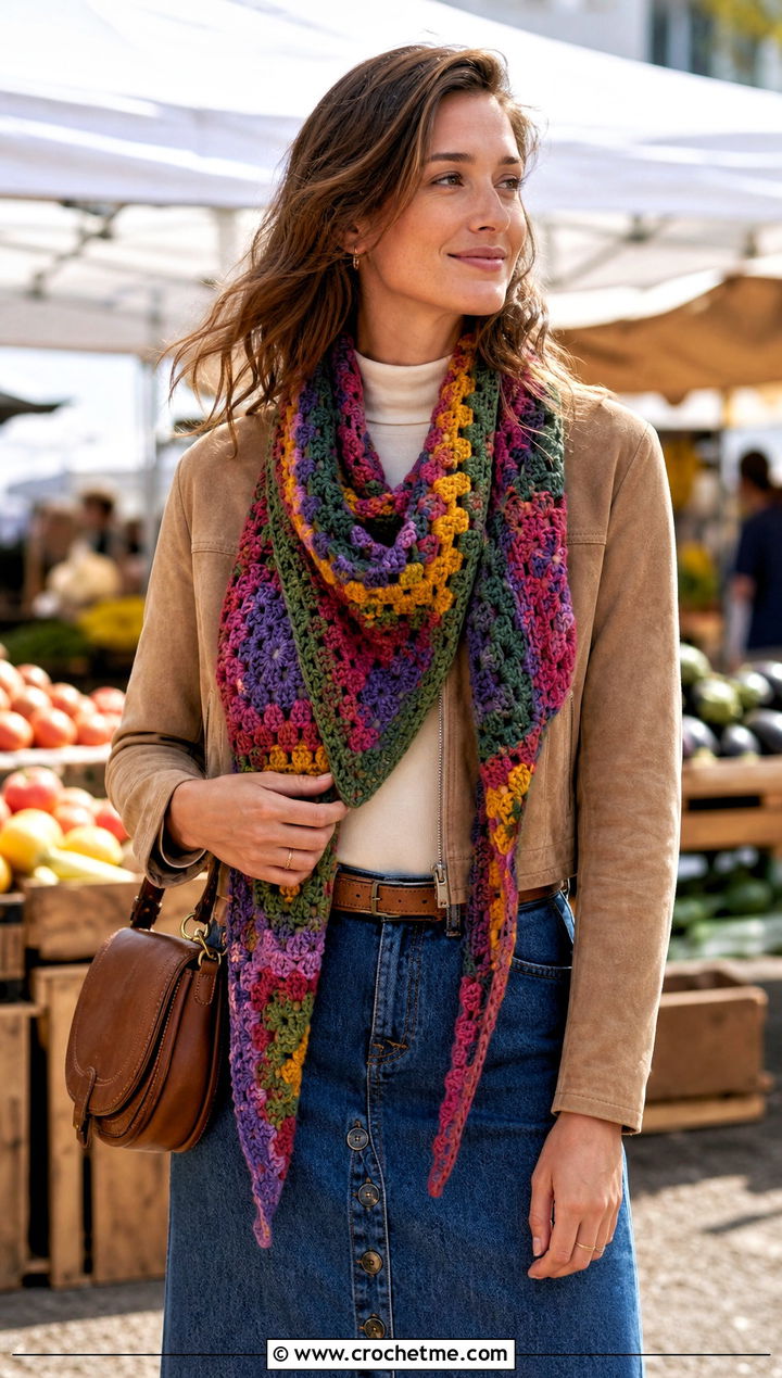 Granny Square Triangle Crochet Scarf With Denim Midi Skirt - 15 Boho Triangle Crochet Scarf outfit ideas