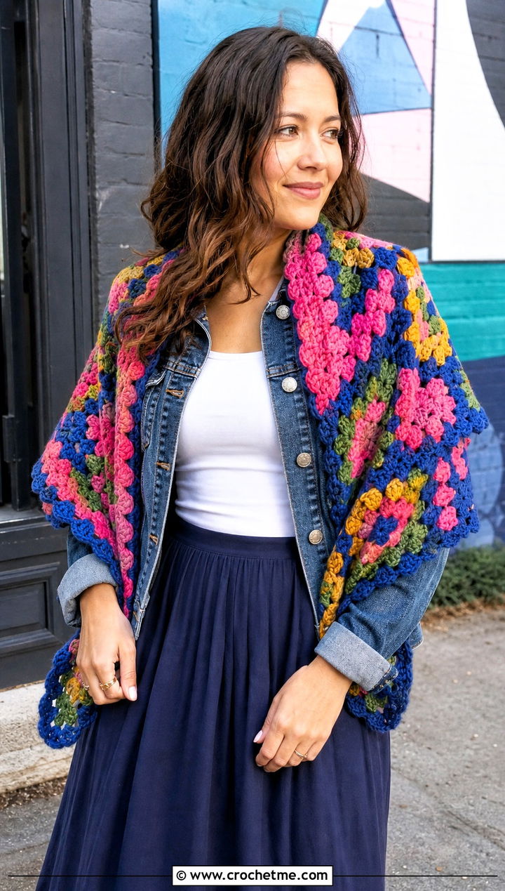 Granny Square Triangle Crochet Shawl With Denim Jacket And Maxi Skirt - 30 easy triangle crochet shawl outfit ideas