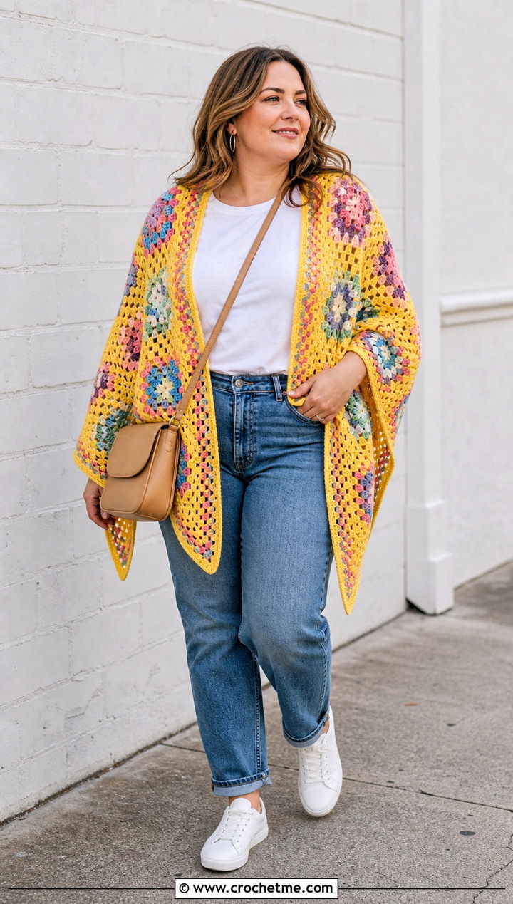 Granny Square Triangle Crochet Shawl With Jeans - 35 easy crochet shawl outfit ideas