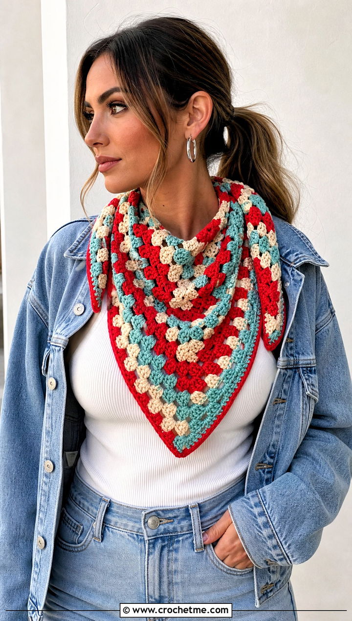 Granny Square Triangle Crochet Summer Scarf With Denim Jacket - 30 crochet summer scarf outfit ideas
