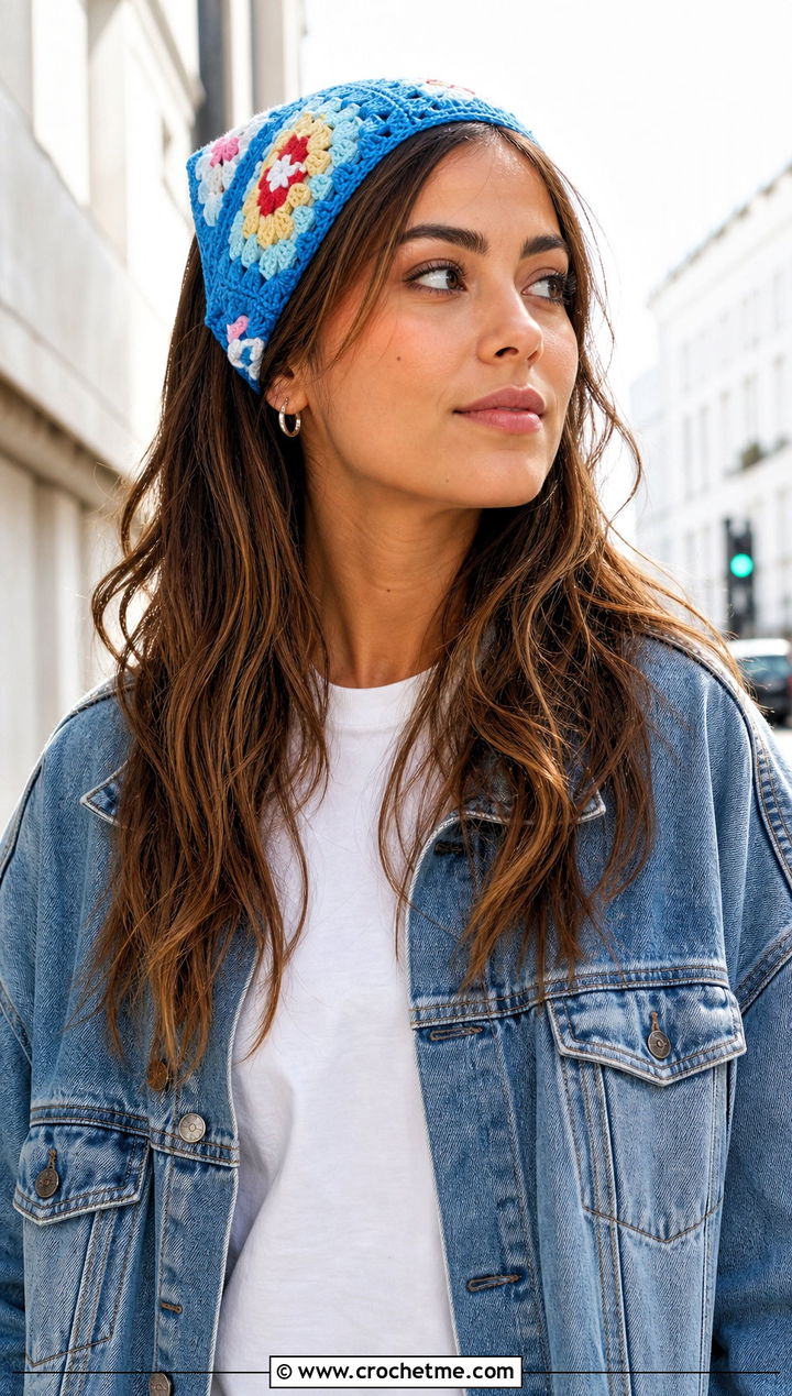 Granny Square Triangle Head Wrap With Denim Jacket - 30 crochet head wrap outfit ideas
