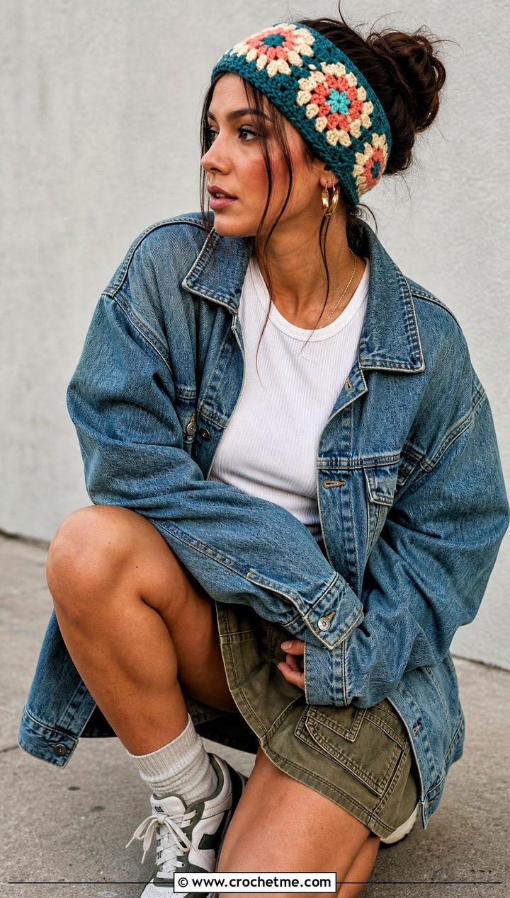 Granny Square Triangle Headband With Denim Jacket And Cargo Skirt - 30 crochet triangle headband outfit ideas