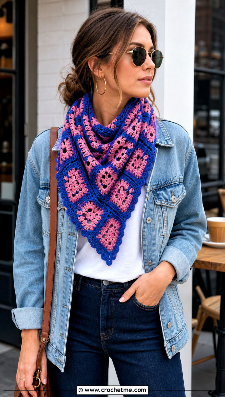 Granny Square Triangle Scarf With Denim Jacket - 25 Crocheted Triangle Scarf outfit ideas