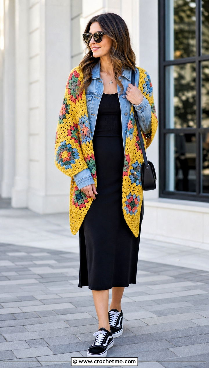 Granny Square Triangle Shawl With Denim Jacket And Midi Skirt - 30 simple crochet shawls and wraps outfit ideas