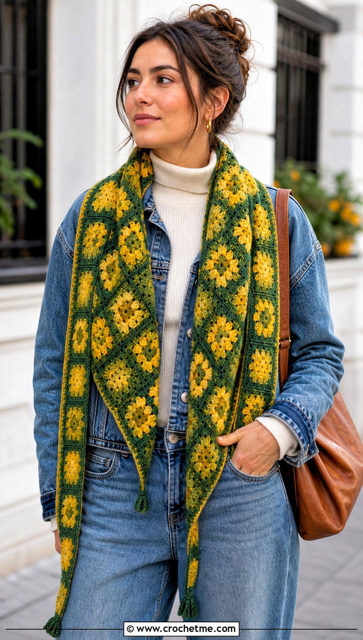Granny Square Triangle Shawl With Denim Jacket - 25 Fall Crochet Shawl outfit ideas