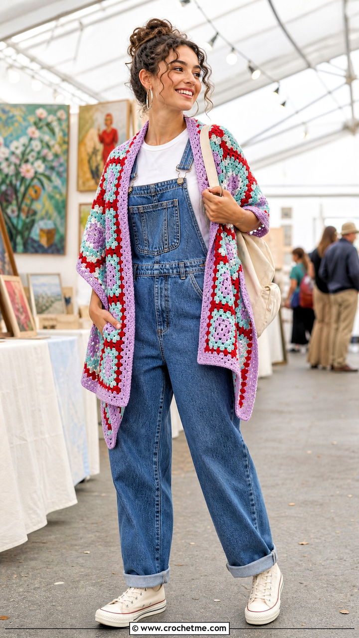 Granny Square Triangle Shawl With Overalls - 35 crochet triangle shawl outfit ideas