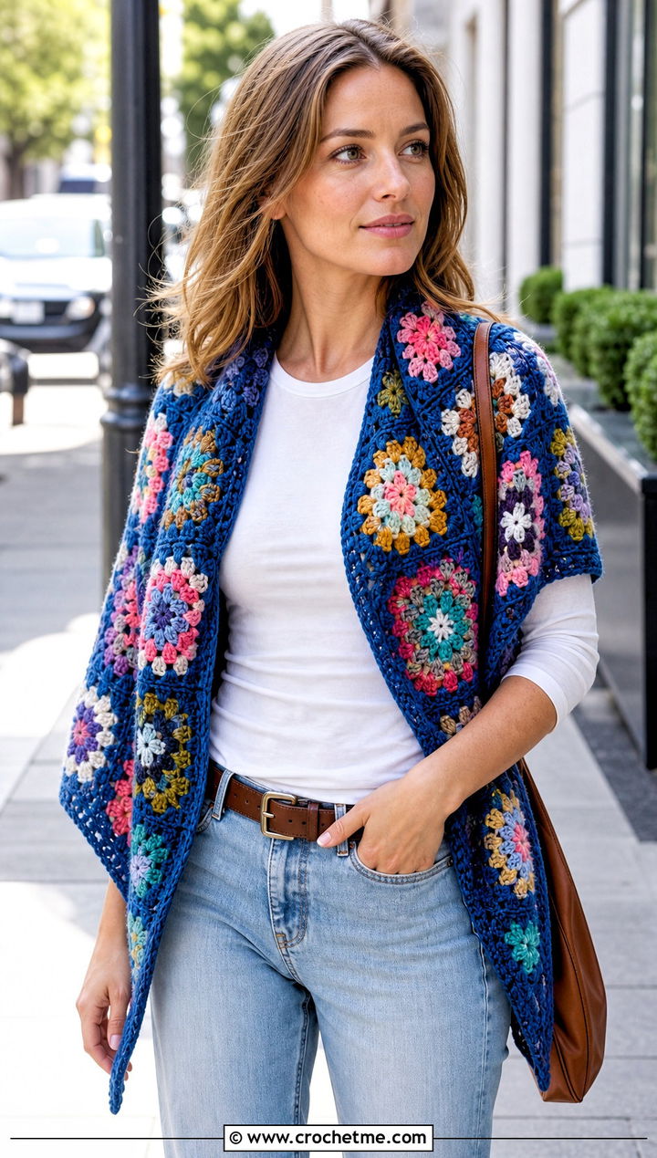 Granny Square Triangle Shawl With Straight Leg Jeans - 25 Vintage Crochet Shawl outfit ideas