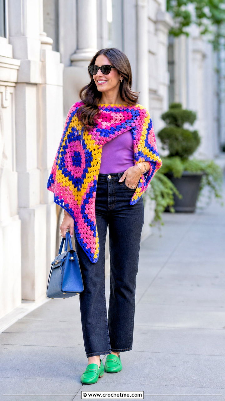 Granny Square Triangle Shawl With Straight Leg Jeans - 35 crochet shawl outfit ideas