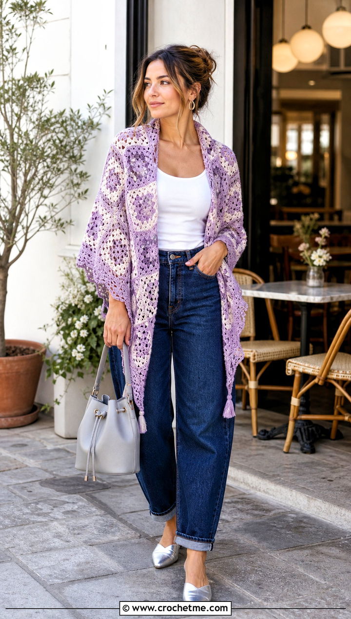 Granny Square Triangle Shawl With Tank Top And Barrel Jeans - 35 Easy Simple Crochet Triangle Shawl outfit ideas