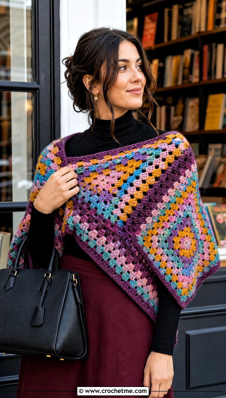 Granny Square Triangle Shawl With Turtleneck And Skirt - 30 easy crochet triangle shawl outfit ideas