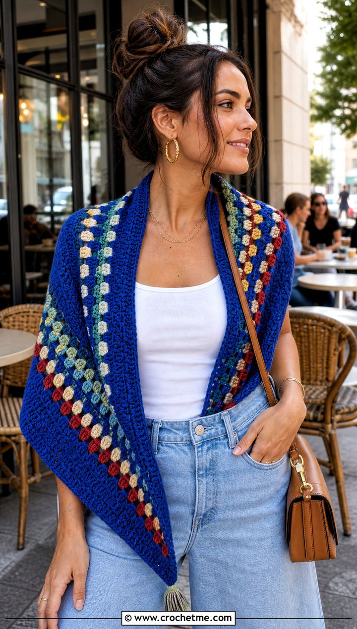 Granny Square Triangle Shawl With Wide Leg Jeans - 30 boho crochet shawl outfit ideas