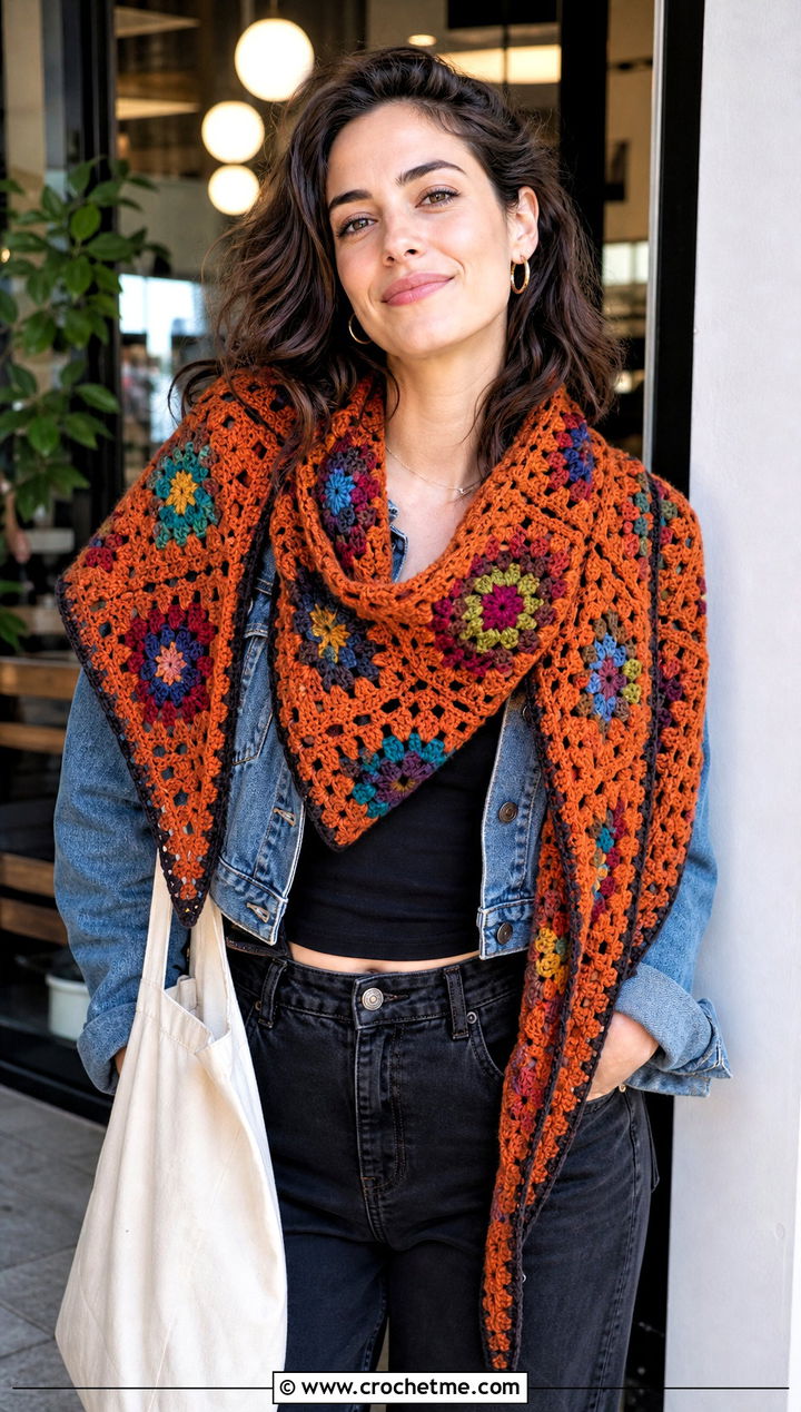 Granny Square Triangle Witch Crochet Shawl With Denim Jacket - 15 Witch Crochet Shawl outfit ideas