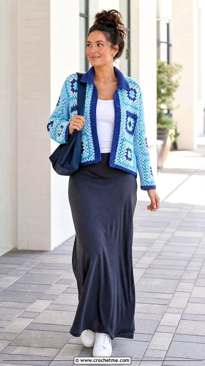 Granny Square Trucker Jacket With Maxi Skirt - 35 granny square jacket outfit ideas