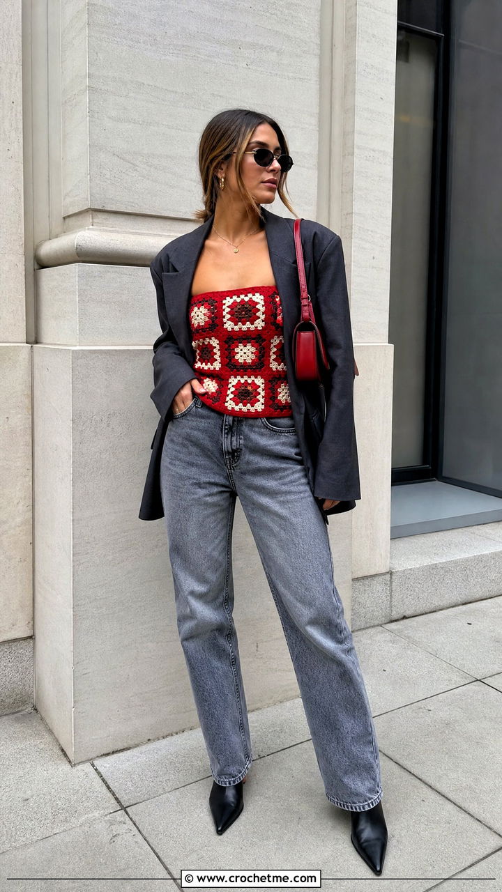 Granny Square Tube Top With Oversized Blazer - 35 granny square crochet clothes and outfit ideas
