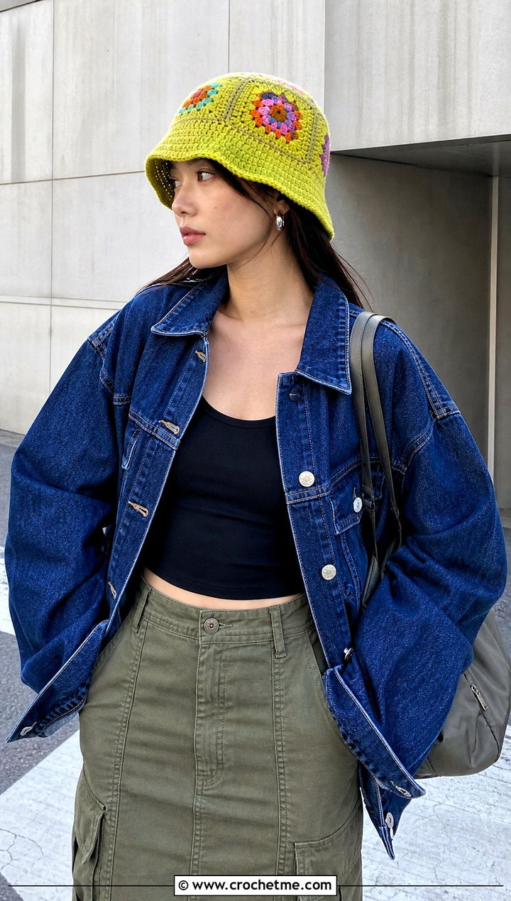 Granny Square Tulip Bucket Hat With Denim Jacket And Cargo Skirt - 30 crochet tulip hat outfit ideas