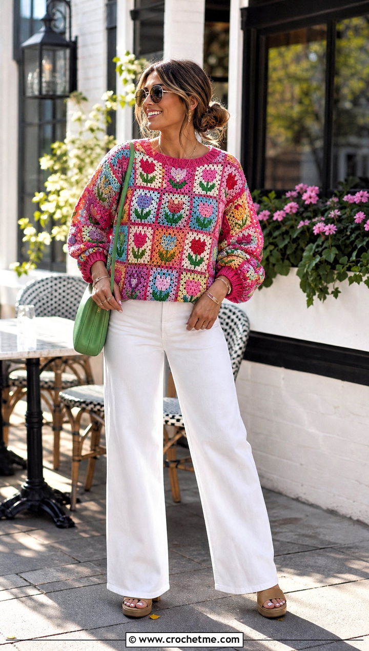 Granny Square Tulip Sweater With White Jeans - 25 Tulip Crochet Sweater outfit ideas
