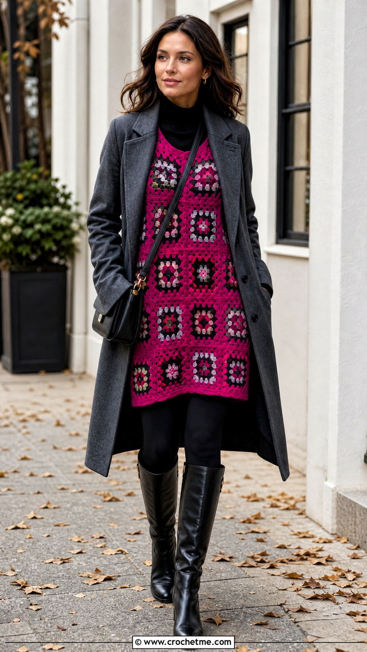 Granny Square Tunic Dress With Leggings And Riding Boots - 35 granny square dress outfit ideas