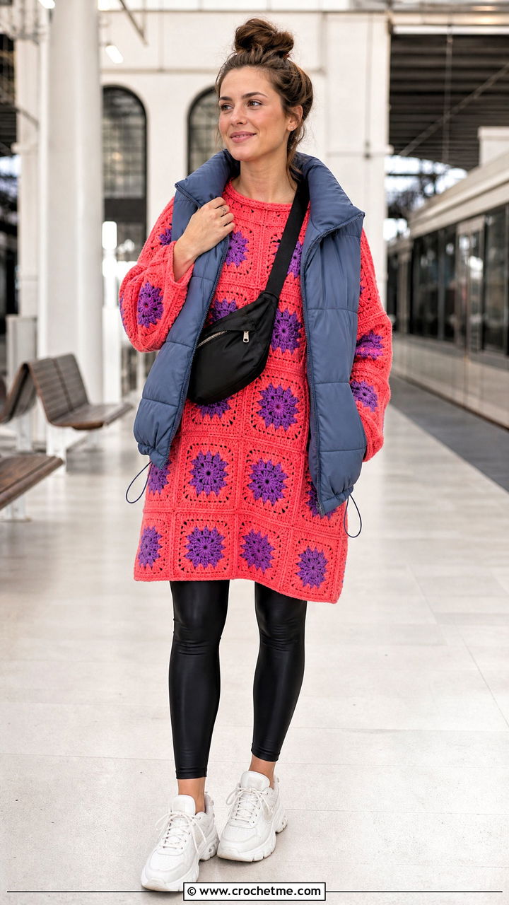 Granny Square Tunic Dress With Leggings - 35 crochet granny square dress outfit ideas
