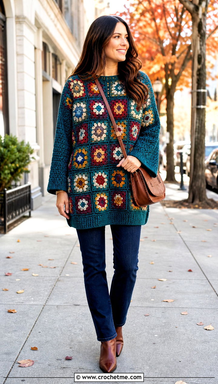 Granny Square Tunic Jumper With Slim Jeans - 35 granny square jumper outfit ideas