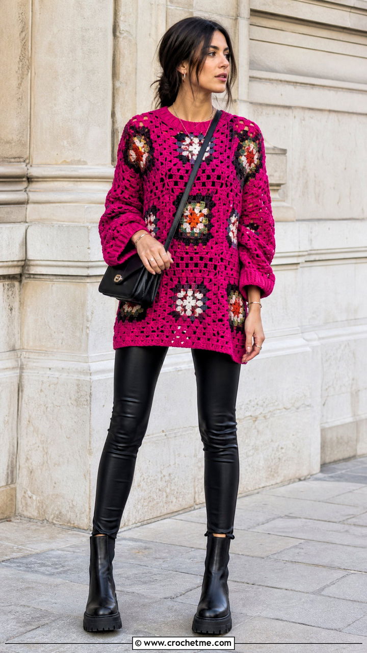 Granny Square Tunic Sweater With Leather Leggings - 35 4 Granny Square Sweater outfit ideas