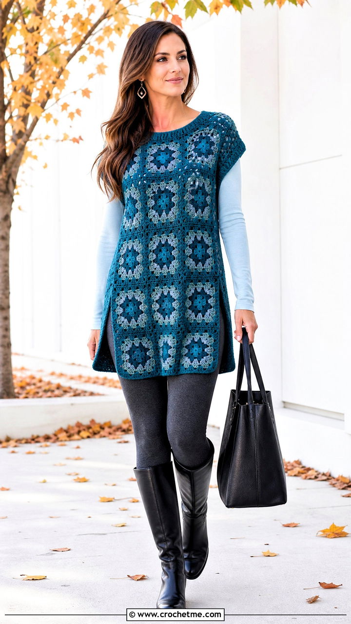 Granny Square Tunic Top With Leggings And Boots - 35 granny square top outfit ideas