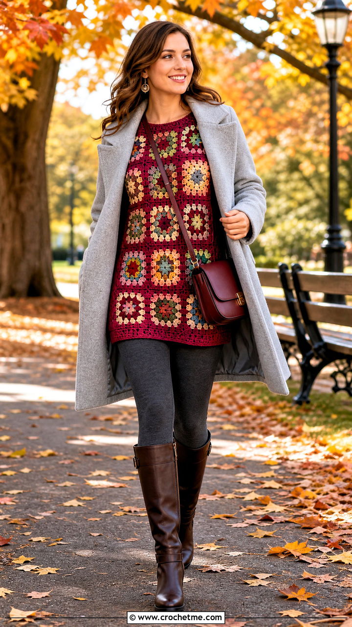 Granny Square Tunic Top With Leggings And Riding Boots - 35 crochet granny square top outfit ideas