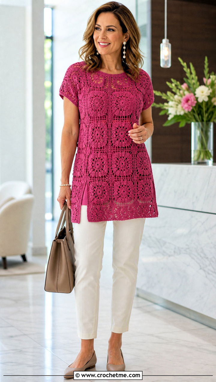 Granny Square Tunic Top With Slim Pants - 20 Crochet Granny Square Tops For Women outfit ideas