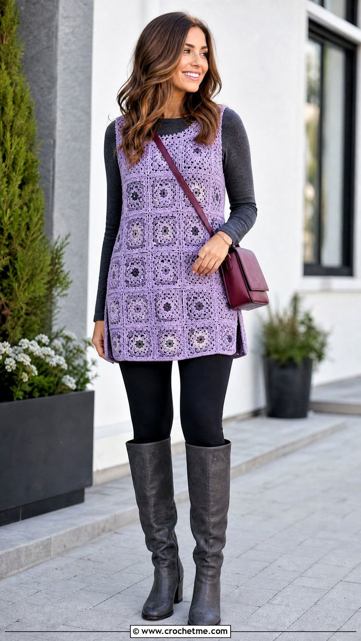 Granny Square Tunic With Leggings And Tall Boots - 35 granny square clothes and outfit ideas