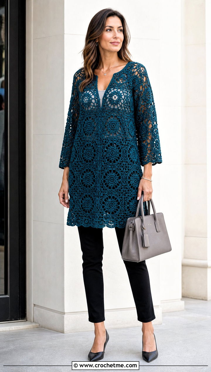Granny Square Tunic With Slim Pants - 30 crochet granny square clothing and outfit ideas