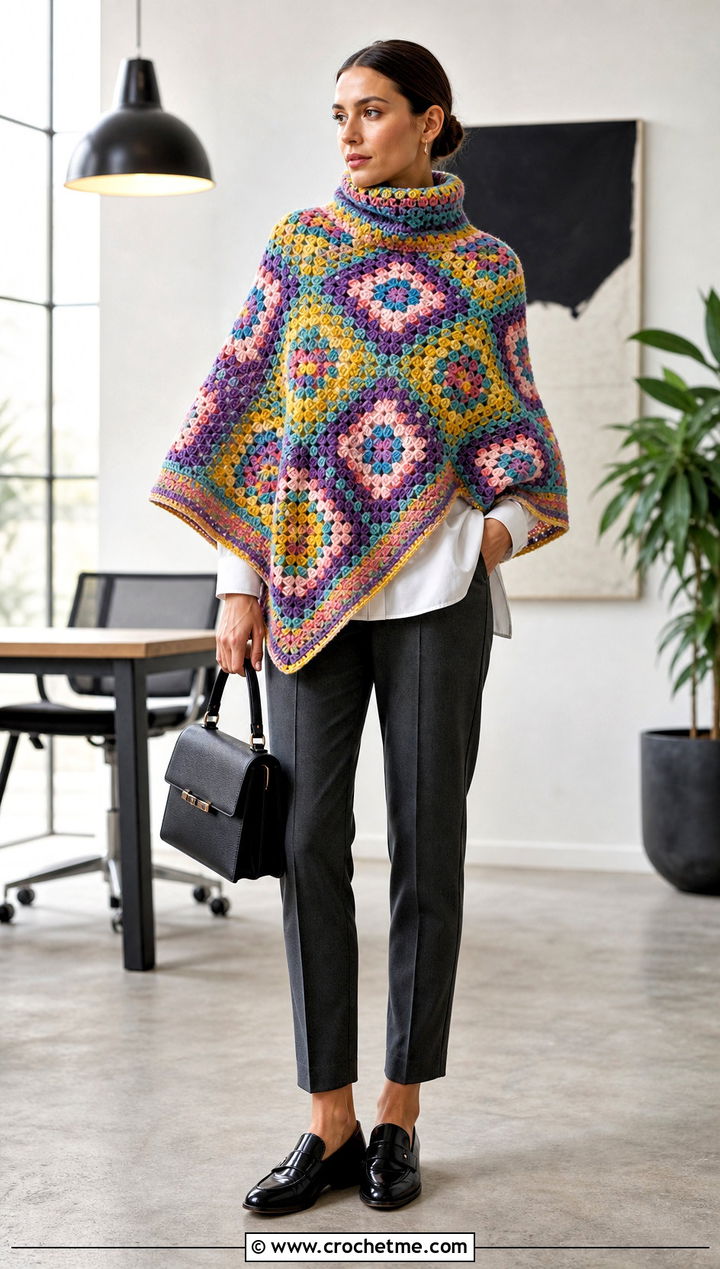 Granny Square Turtle Neck Crochet Poncho With Tailored Trousers - 25 Turtle Neck Crochet Poncho outfit ideas