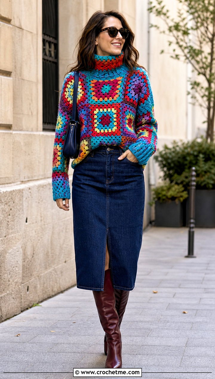 Granny Square Turtleneck Crochet Sweater With Denim Skirt - 30 crochet high neck sweater outfit ideas