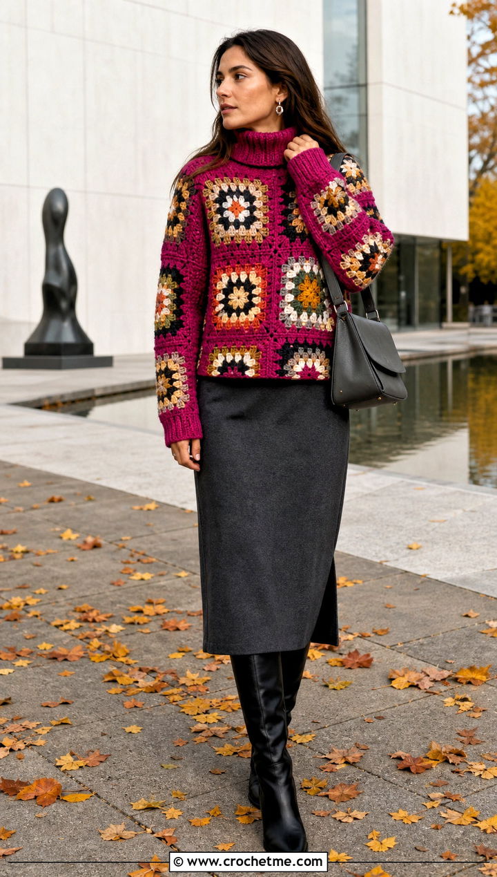 Granny Square Turtleneck Jumper With Midi Dress - 25 Crochet Granny Jumper outfit ideas