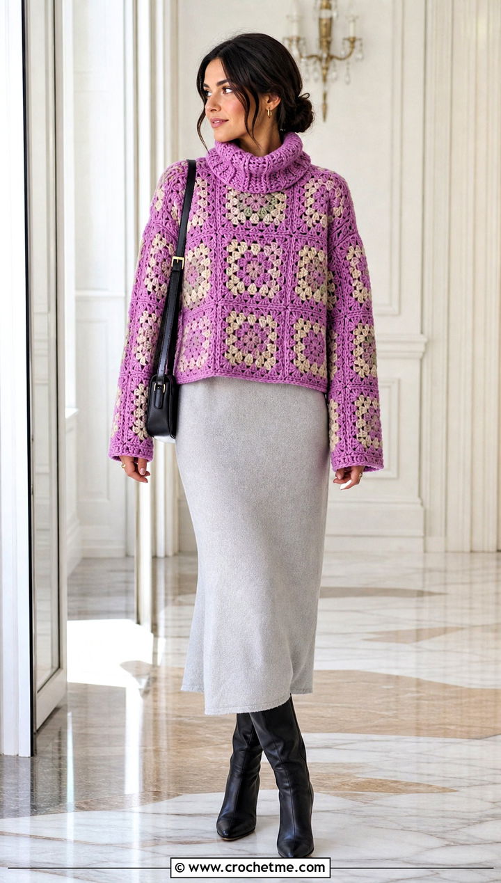 Granny Square Turtleneck Sweater With Midi Dress - 25 granny square stitch sweater outfit ideas