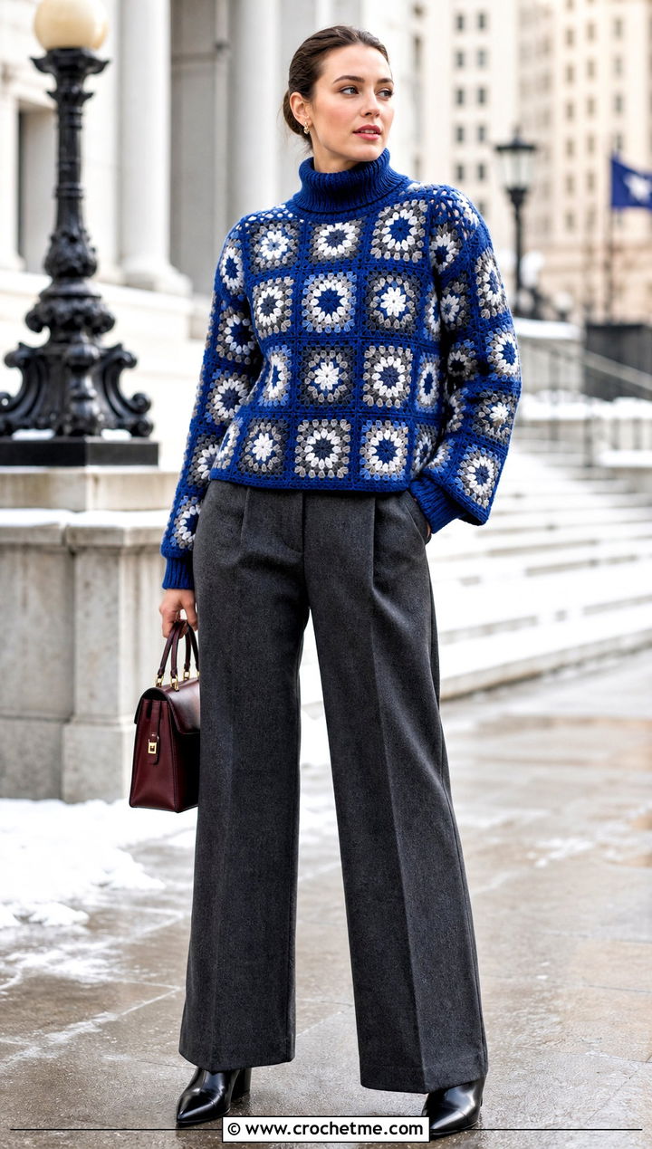 Granny Square Turtleneck Sweater With Wool Trousers - 30 crochet sweater with granny squares outfit ideas