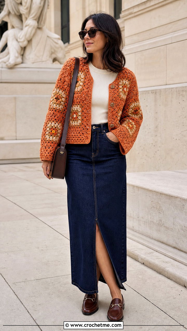 Granny Square Tweed Crochet Cardi With Denim Maxi Skirt - 15 tweed crochet cardi outfit ideas