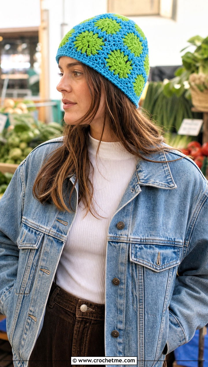 Granny Square Two Color Crochet Beanie With Denim Jacket - 30 2 color crochet beanie hat outfit ideas