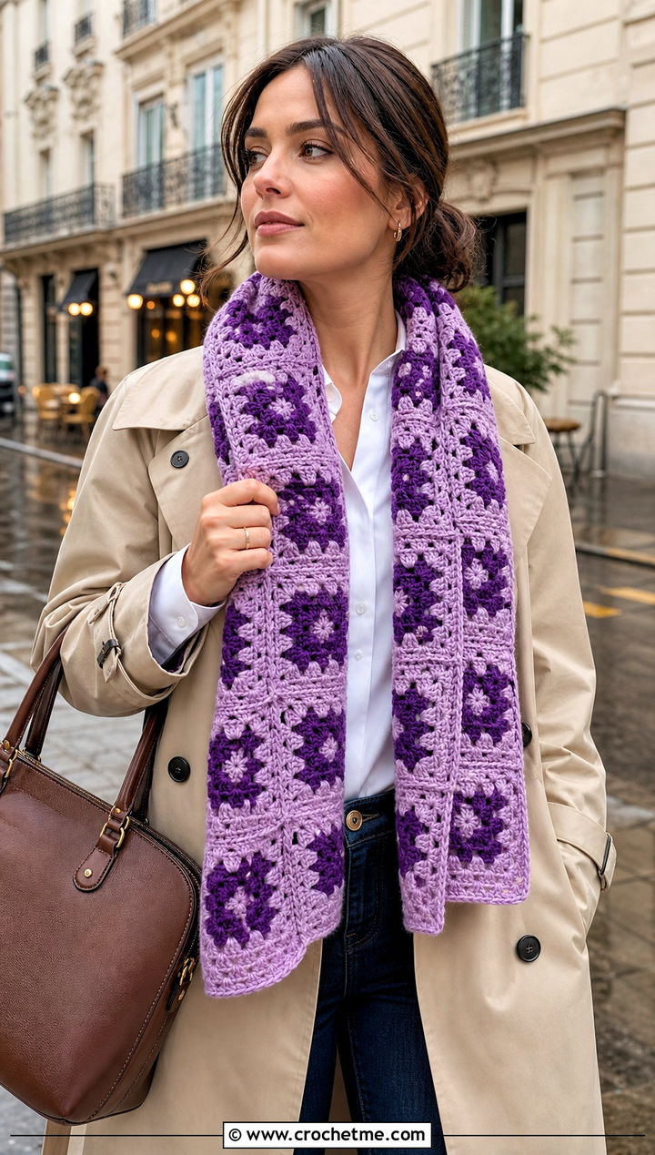Granny Square Two Tone Crochet Scarf With Trench Coat - 25 two tone crochet scarf outfit ideas