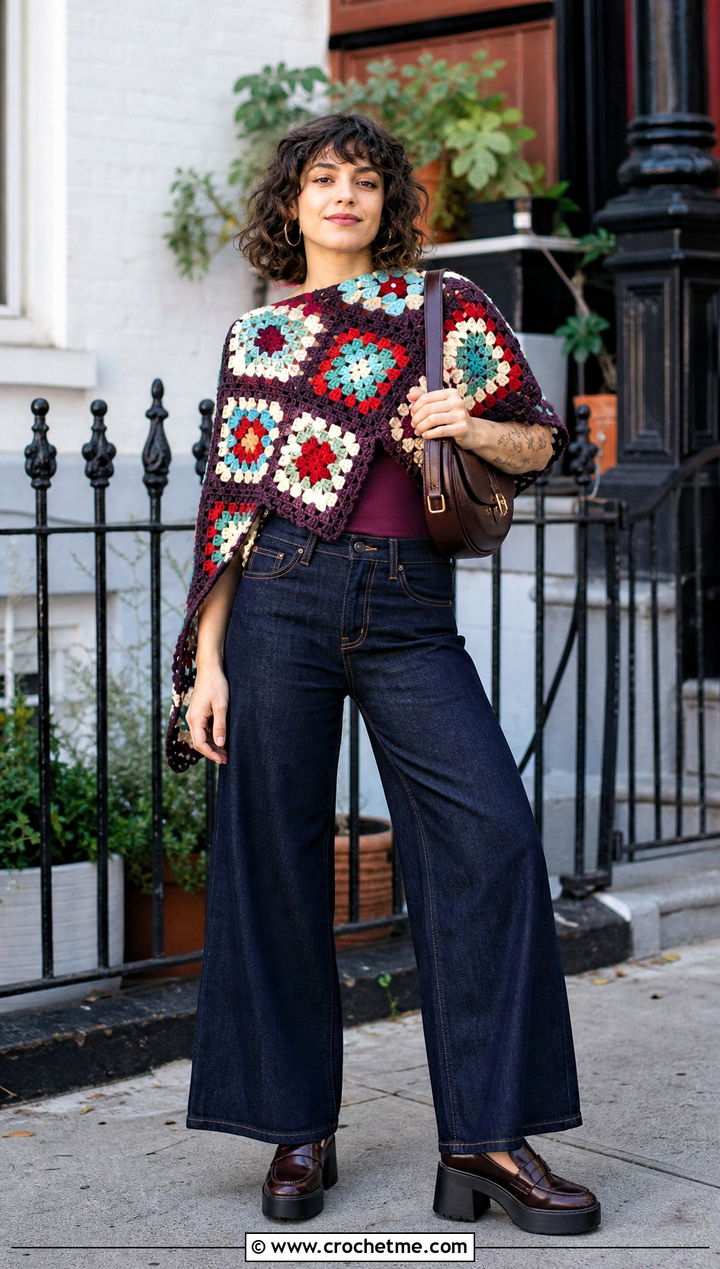 Granny Square Uptown Crochet Poncho With Wide Leg Jeans - 15 Uptown Crochet Poncho outfit ideas
