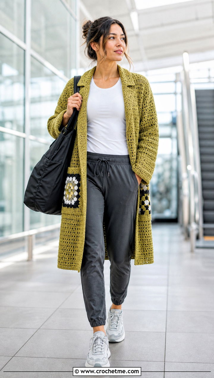 Granny Square Utility Coat With Joggers - 30 granny square coat outfit ideas