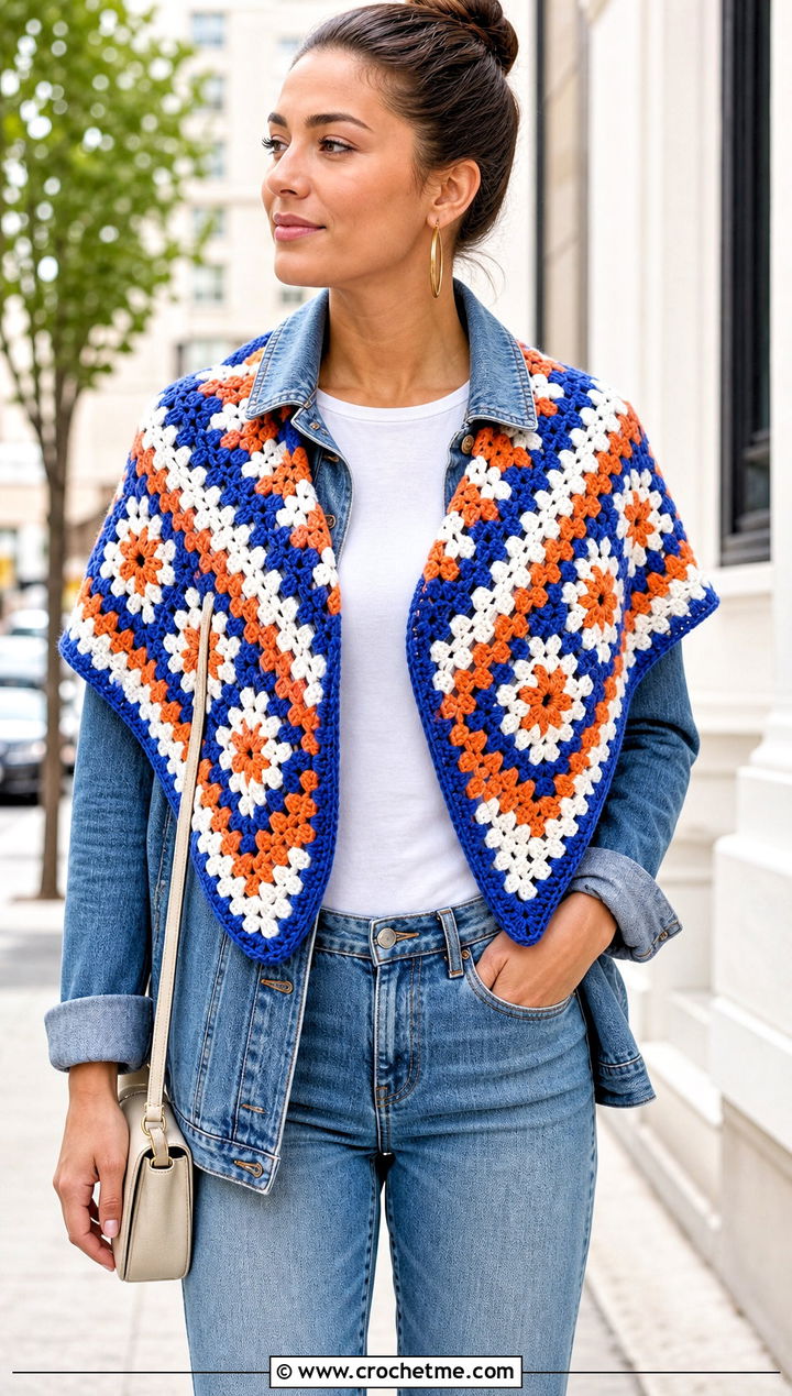 Granny Square V Shaped Crochet Shawl With Denim Jacket - 15 V Shaped Crochet Shawl outfit ideas