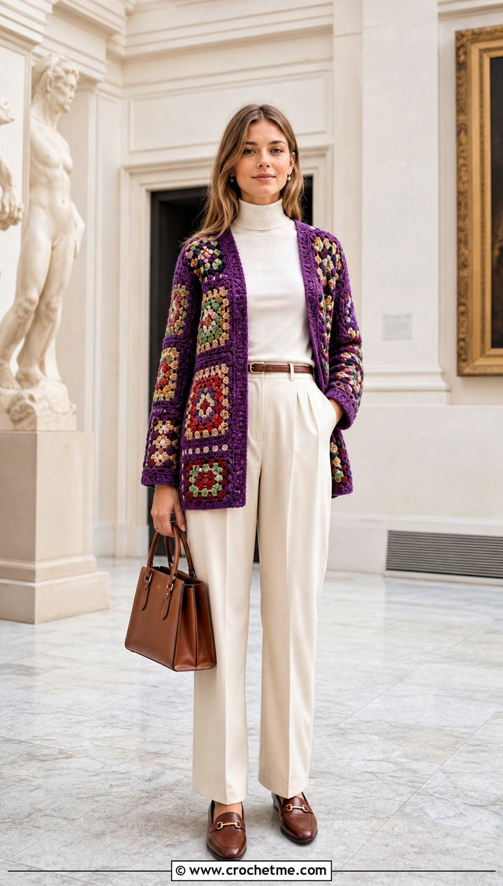 Granny Square Velvet Crochet Cardigan With Pleated Trousers - 15 velvet crochet cardigan outfit ideas