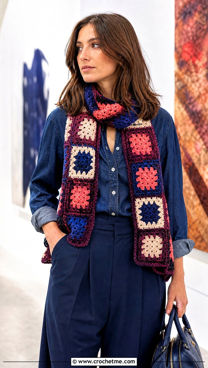 Granny Square Velvet Crochet Scarf With Denim Shirt - 25 Velvet Crochet Scarf outfit ideas