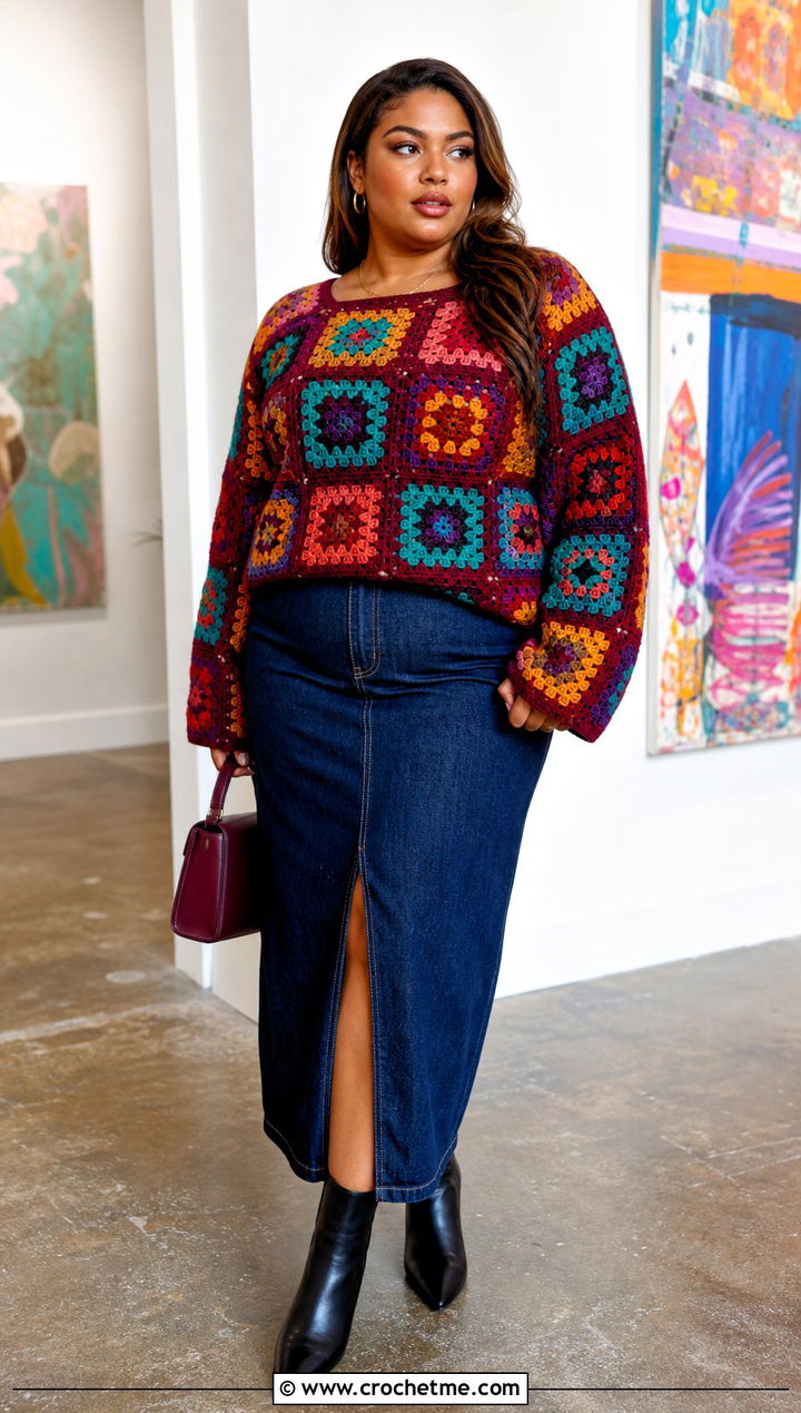 Granny Square Velvet Crochet Sweater With Denim Skirt - 30 velvet crochet sweater outfit ideas